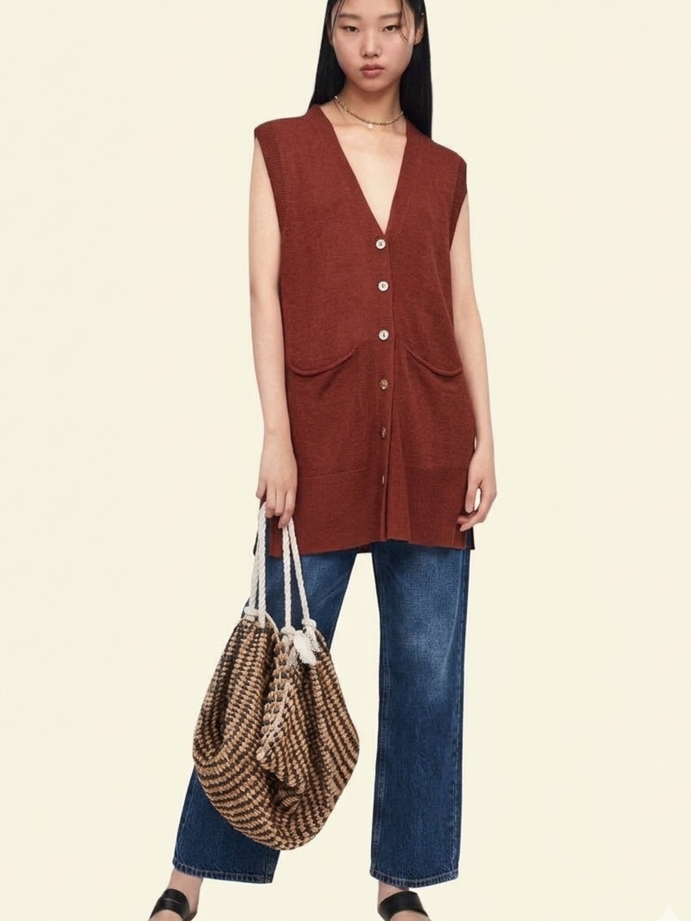 ZARA Rust Knit Linen Blend Sleeveless Cardigan Small